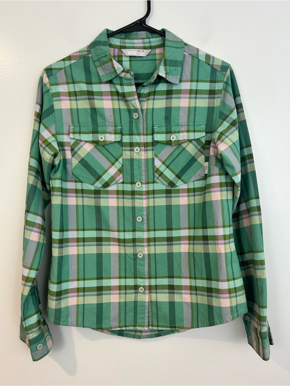 Stio Willow Plaid Flannel Medium Weight Pale Green Button Down Shirt Size Small